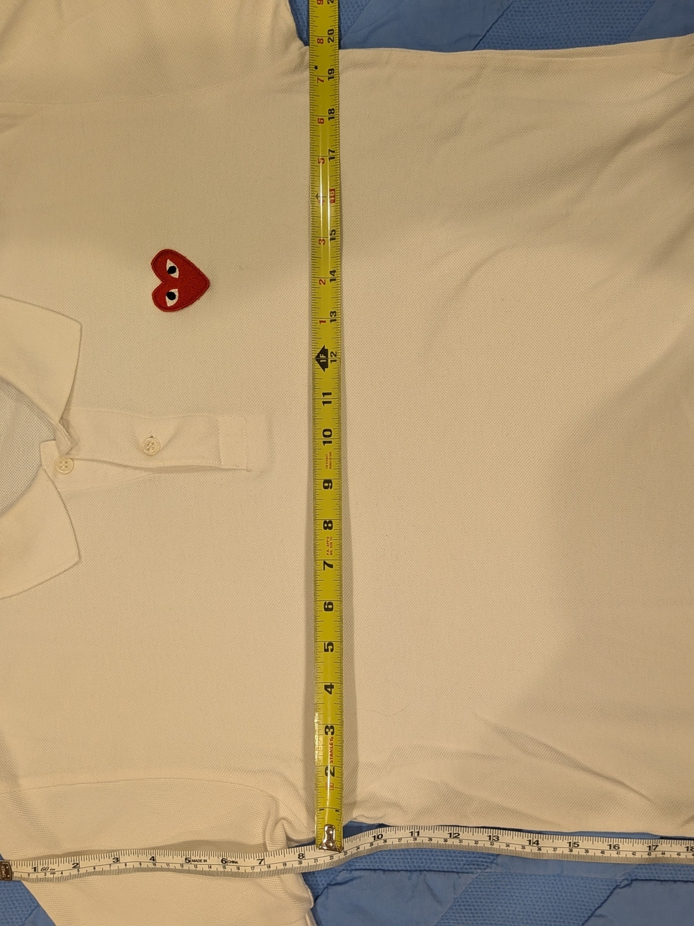 White Comme Des Garcons Polo Shirt with Red Heart Patch